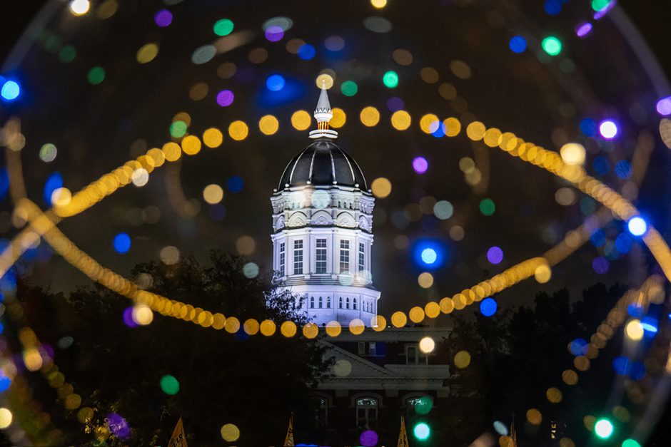 Holiday lights around Jesse Hall