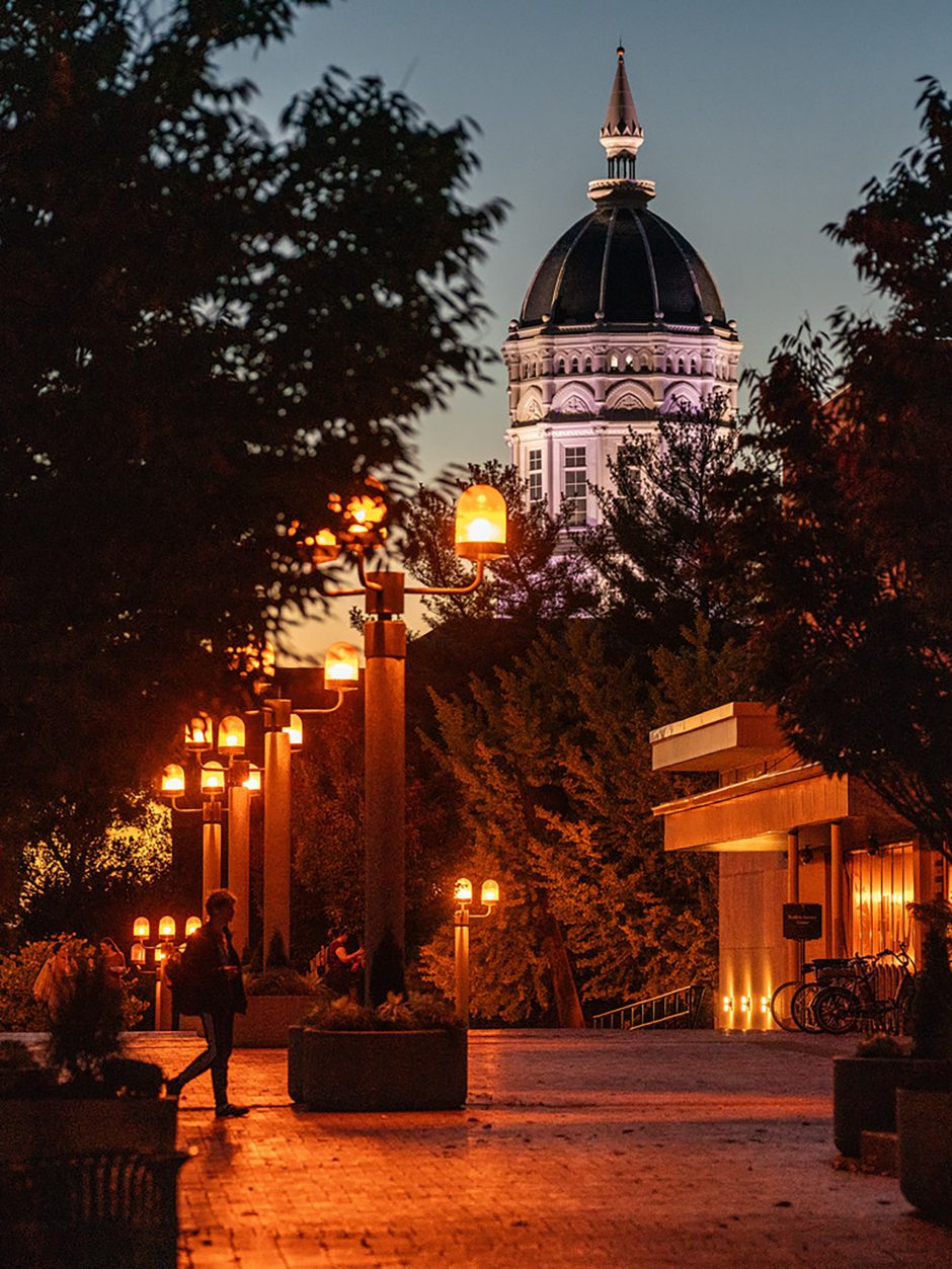 Lights on campus at dusk