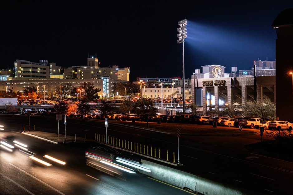 View of football stadium from the road