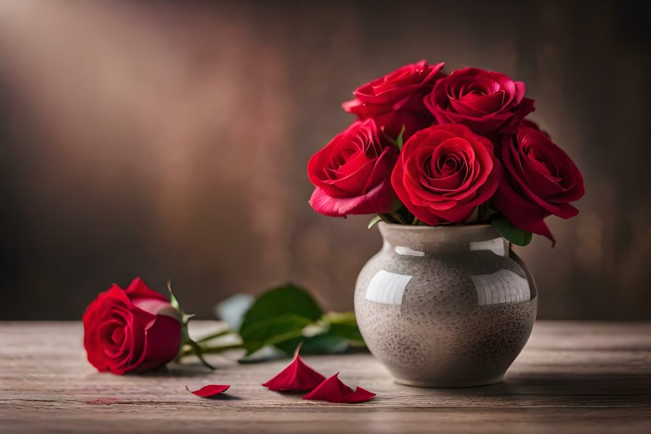 Red roses in a vase on a table