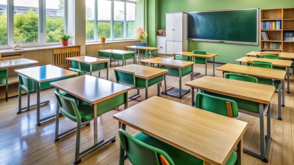 A classroom with rows of desks, shelves, and a green chalkboard.