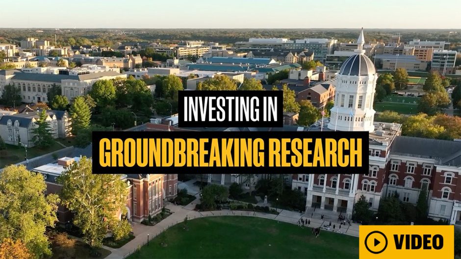 Campus buildings with text: Groundbreaking research