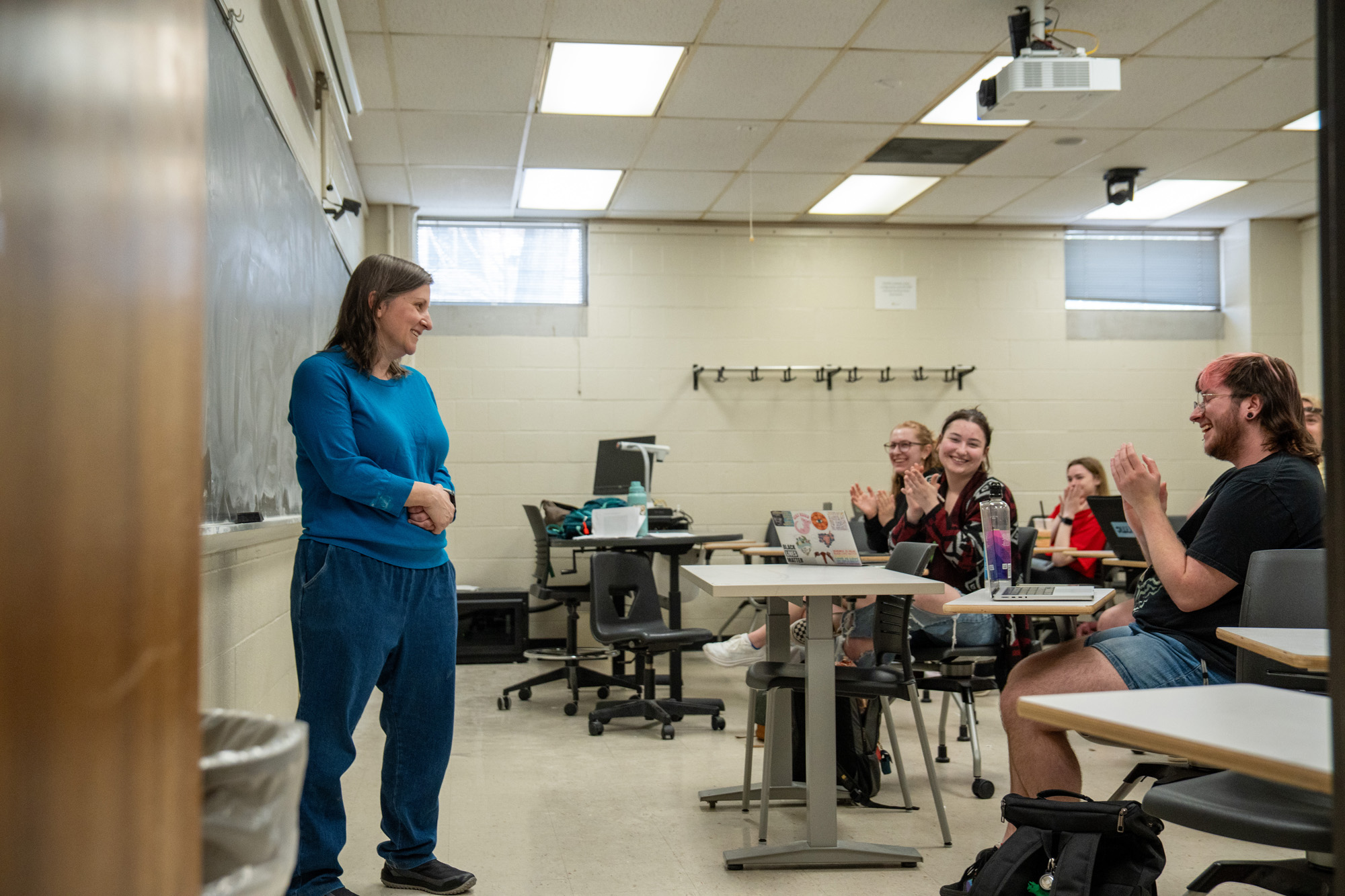 Julie Elman addresses class