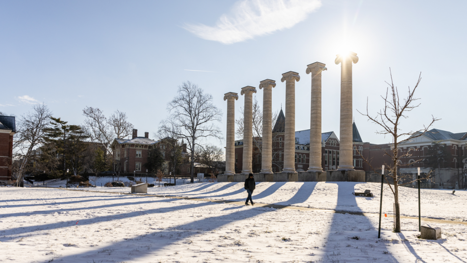 Mizzou columns with snow on the ground