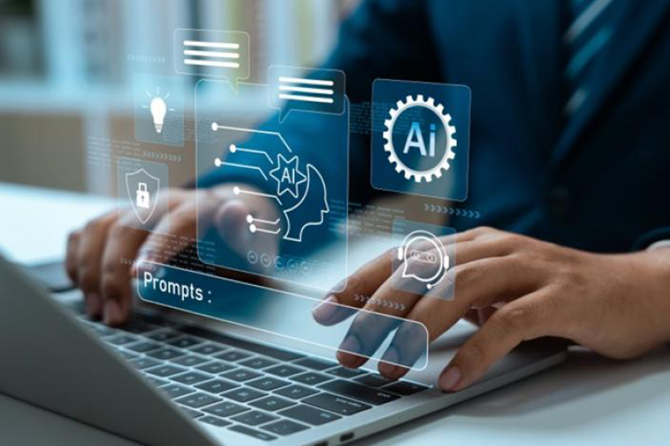 Hands on laptop keyboard with AI icons 