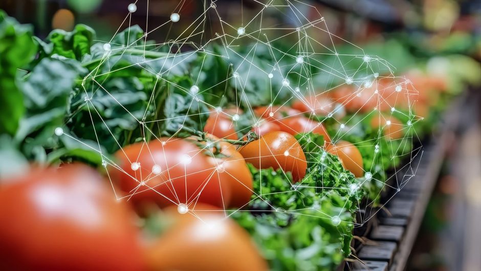 Red tomatoes with a digital network overlay
