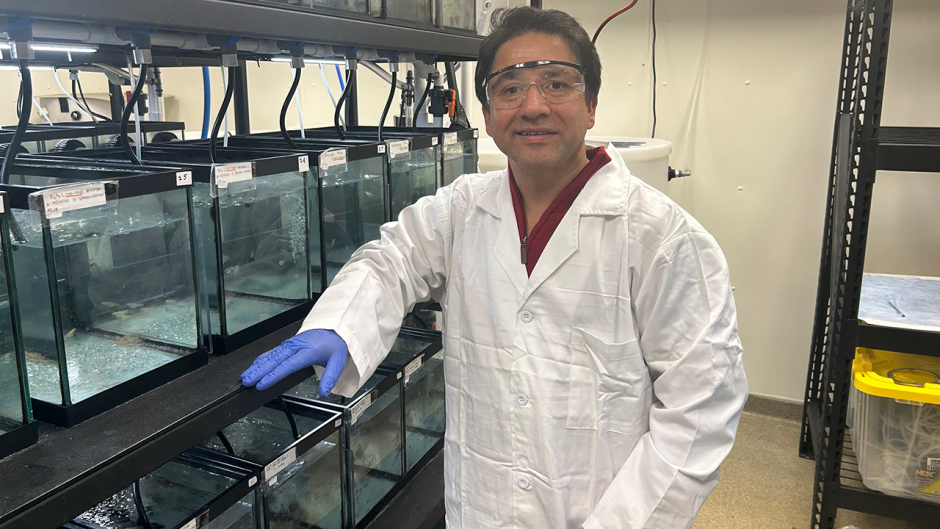 Ramji Bhandari posing in front of fish tanks.