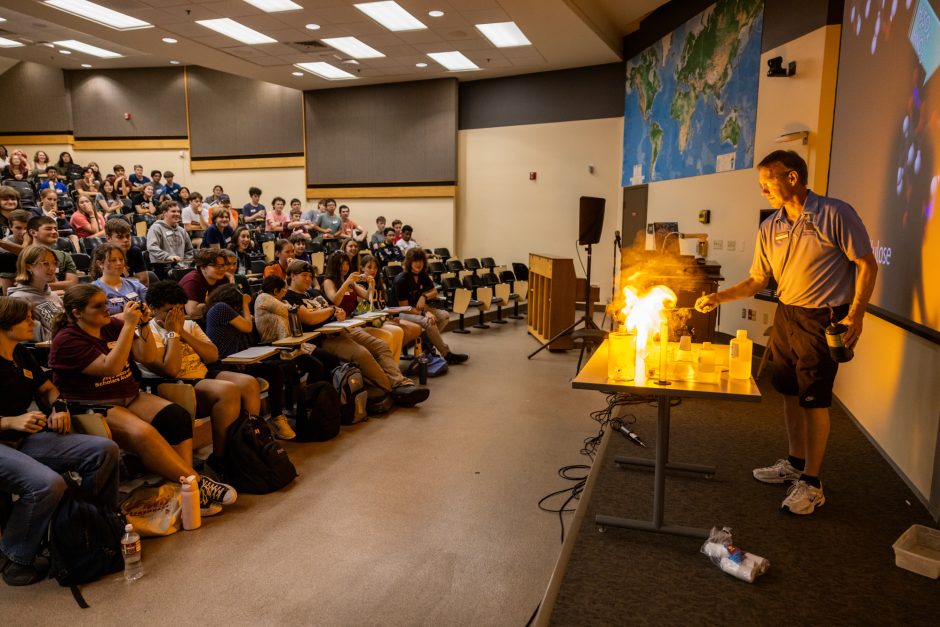 Classroom of students watching a demonstration at front of class