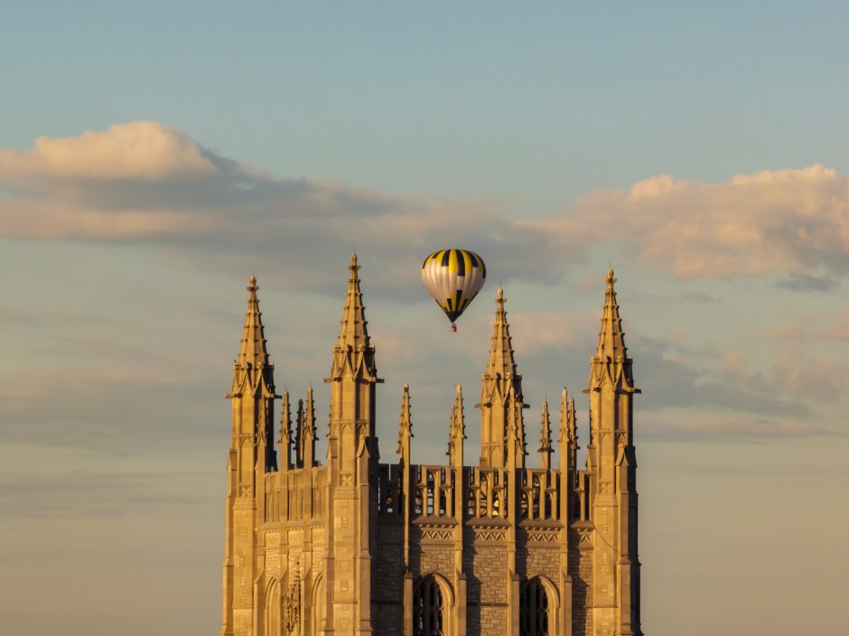 Hot air balloon floating over Memorial Union