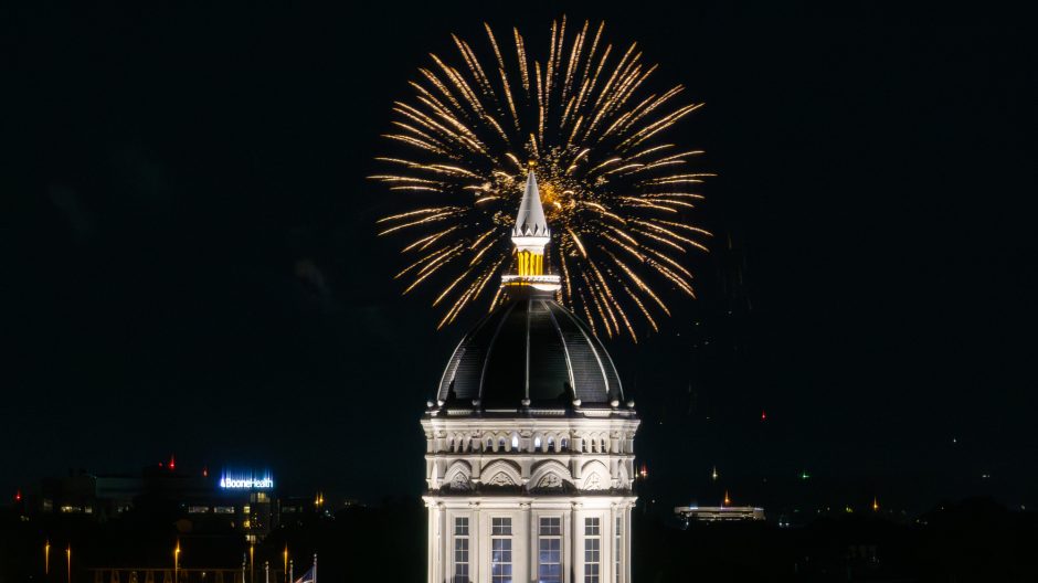 Fireworks above Jesse Hall's dome