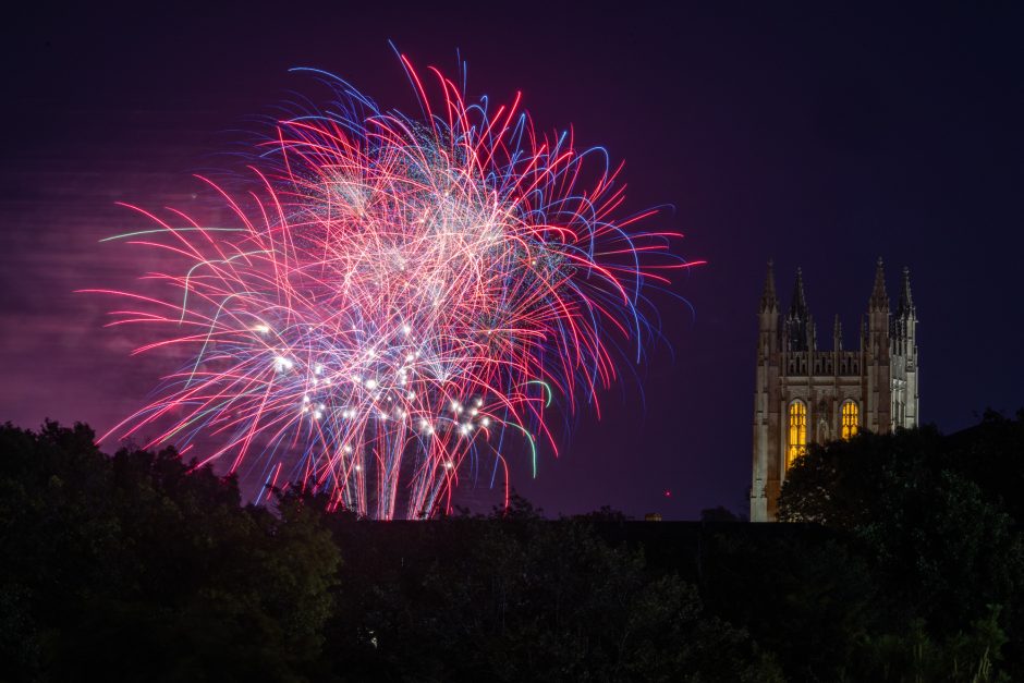 Fireworks exploding and Memorial Union