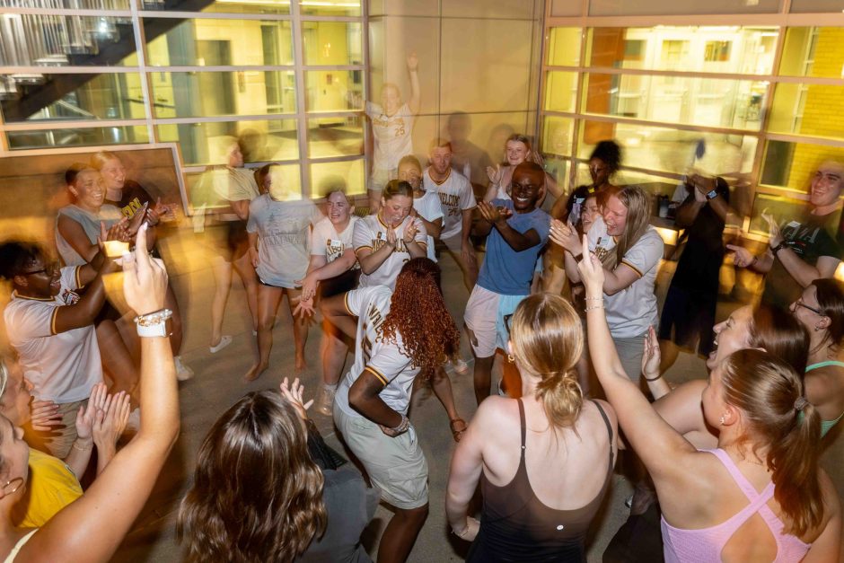 Large group of students dancing