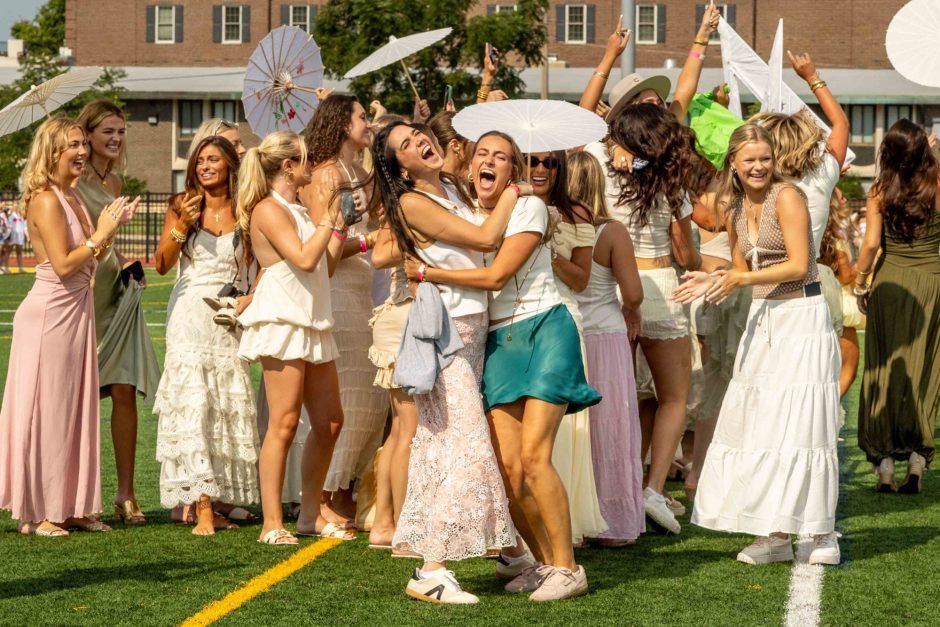Two students hugging in excitement