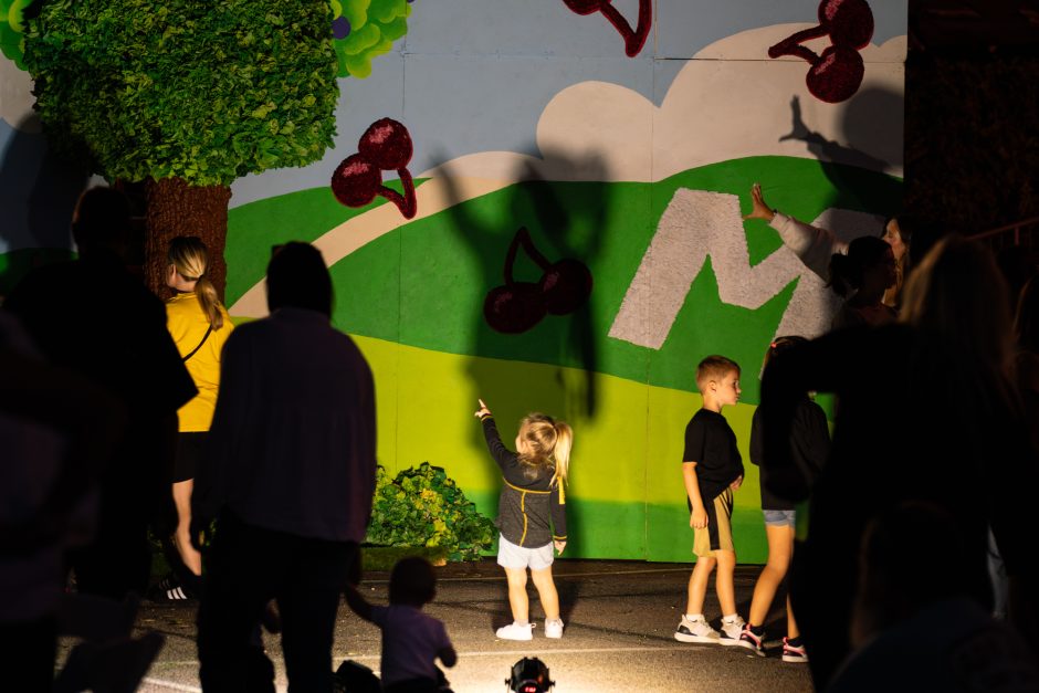 Small child pointing at homecoming decorations