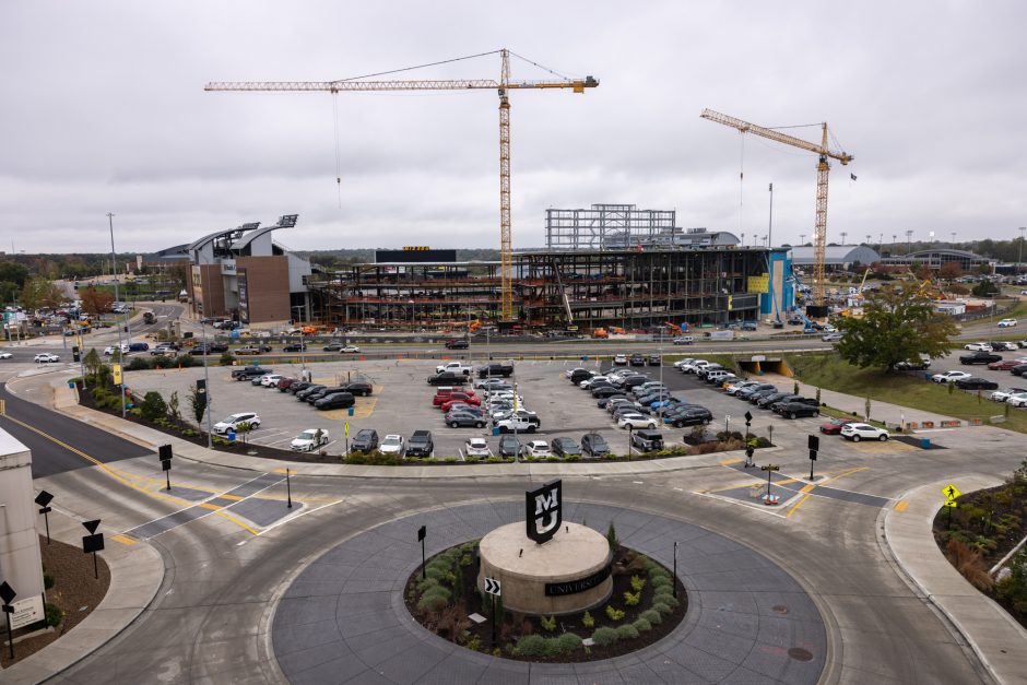 Cranes and stadium under construction