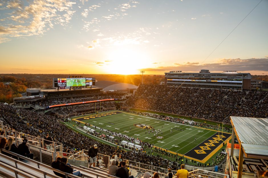 Memorial Stadium and Faurot Field at sunset