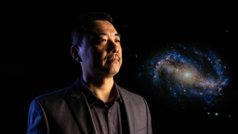 Portrait of Haojing Yan next to the image of a galaxy