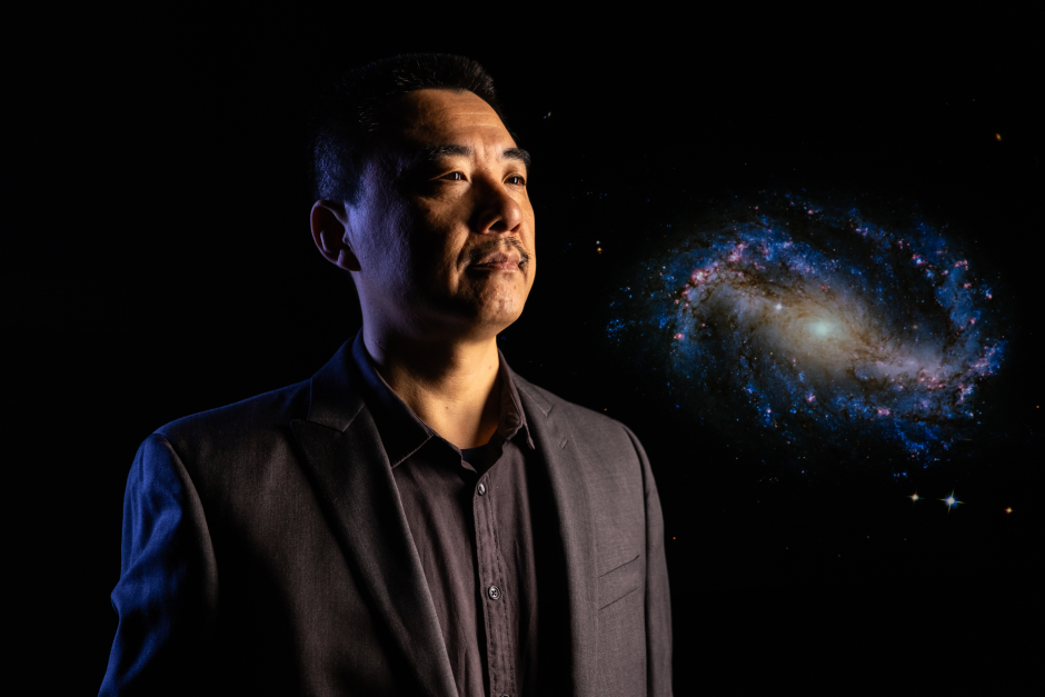 portrait of Haojing Yan next to an image of a galaxy