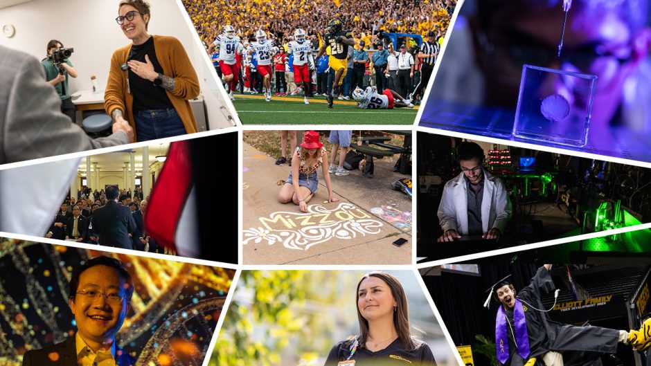 Collage of images featuring football game, researchers in labs, graduates, students and faculty