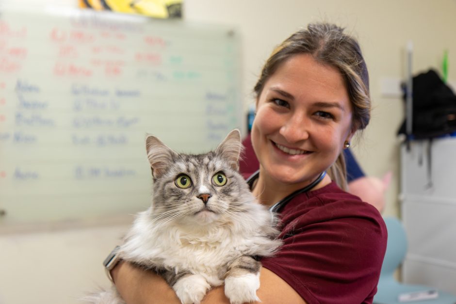 Jess Taylor and a white cat