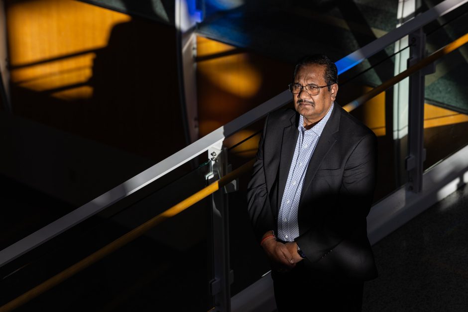 Researcher on staircase