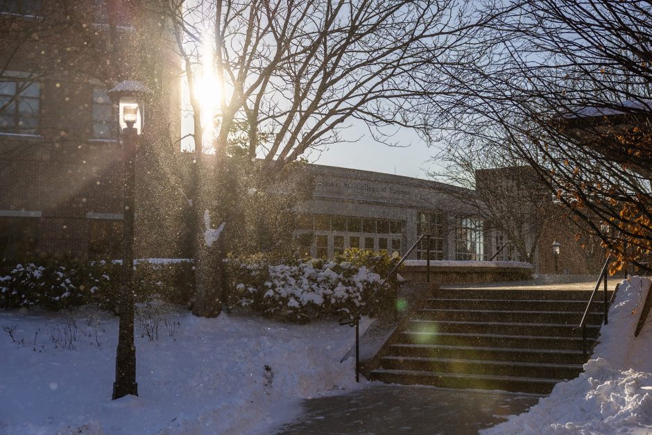 Campus building and staircase covered in snow
