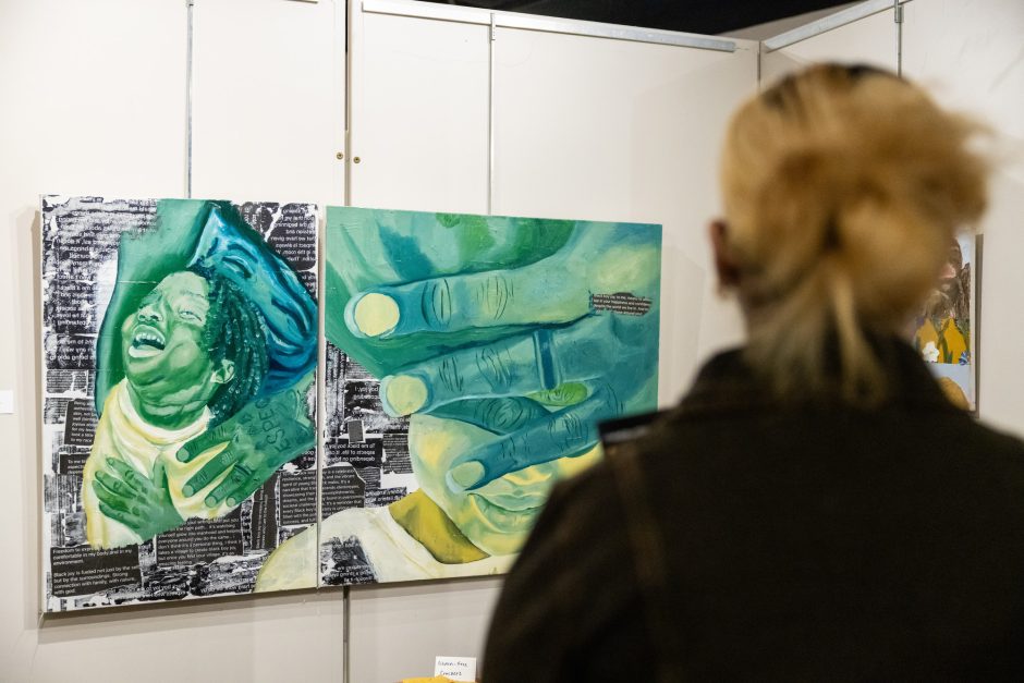 A piece of art as seen over a person's shoulder