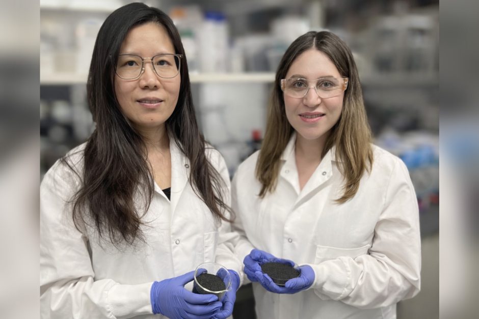 Caixia Wan and Neda Arabzadeh Nosratabad hold petri dishes of biochar.