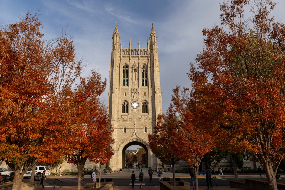 Memorial Union framed by red trees
