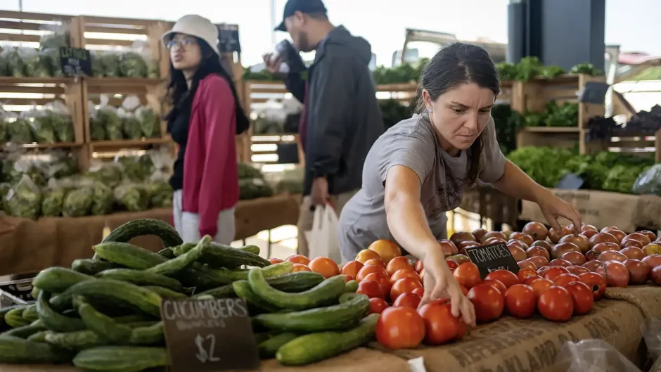 Woman arranges tomatoes for farmers market display.
