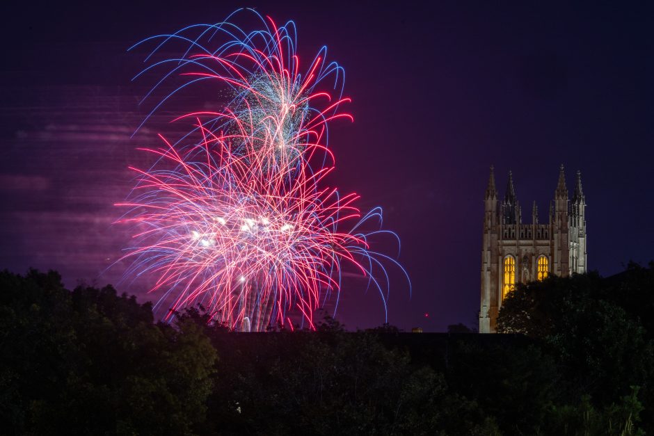 Fireworks explode over Memorial. Union