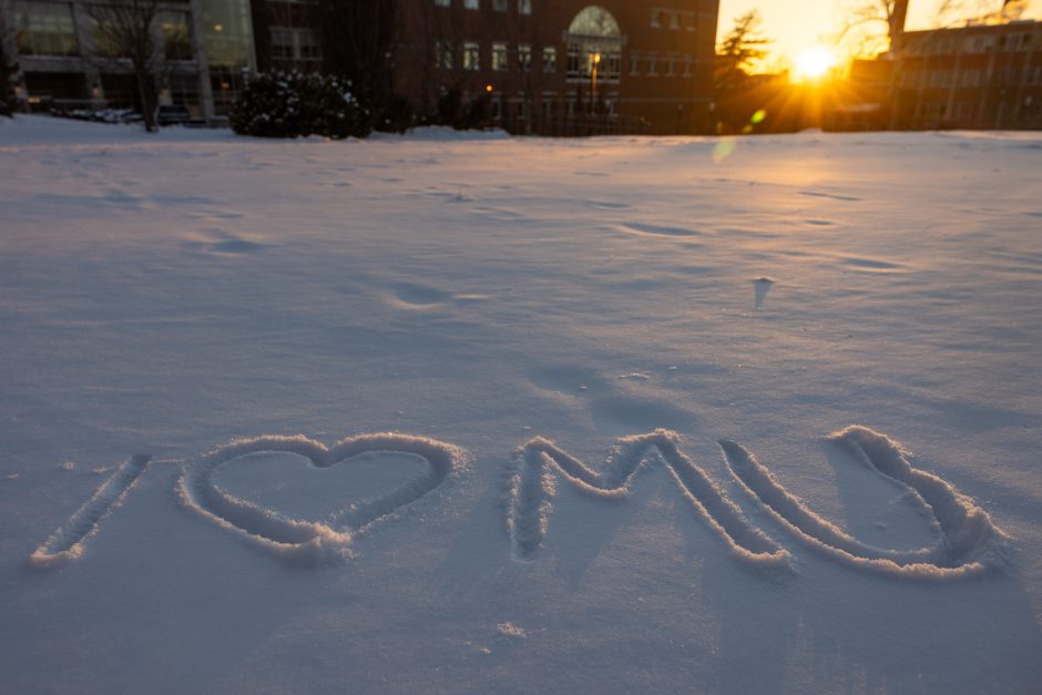 "I heart Mizzou" etched in snow on campus