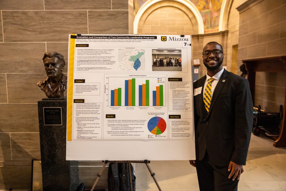 Student standing next to research poster