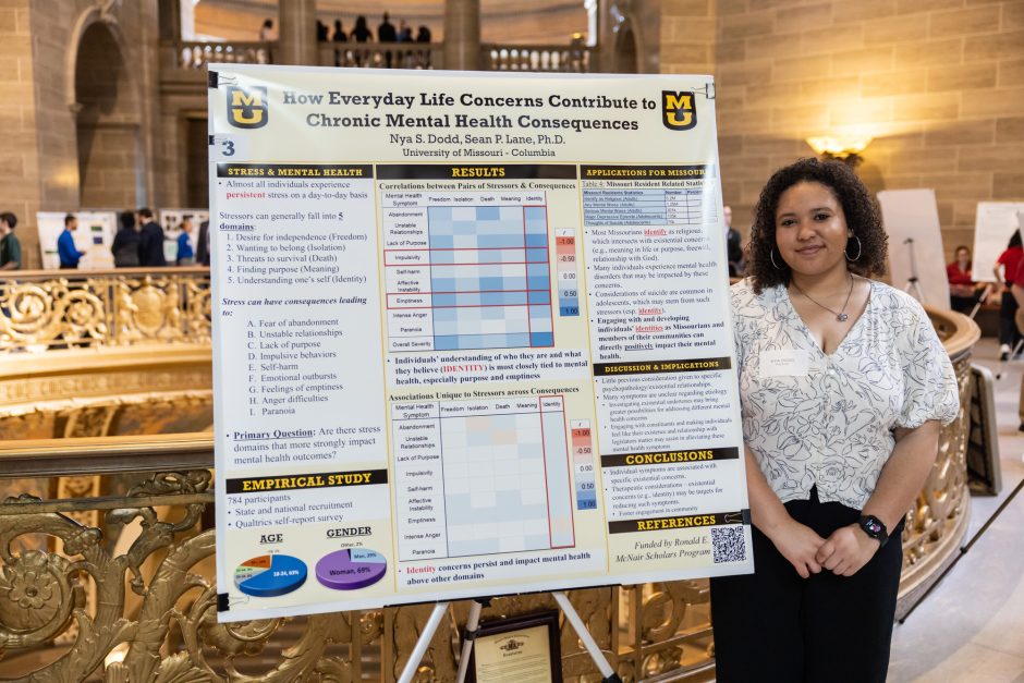 Student standing next to research poster
