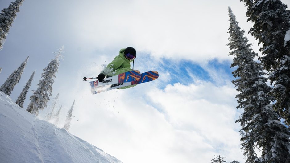 Erin Spong skiing down a snow-covered mountain
