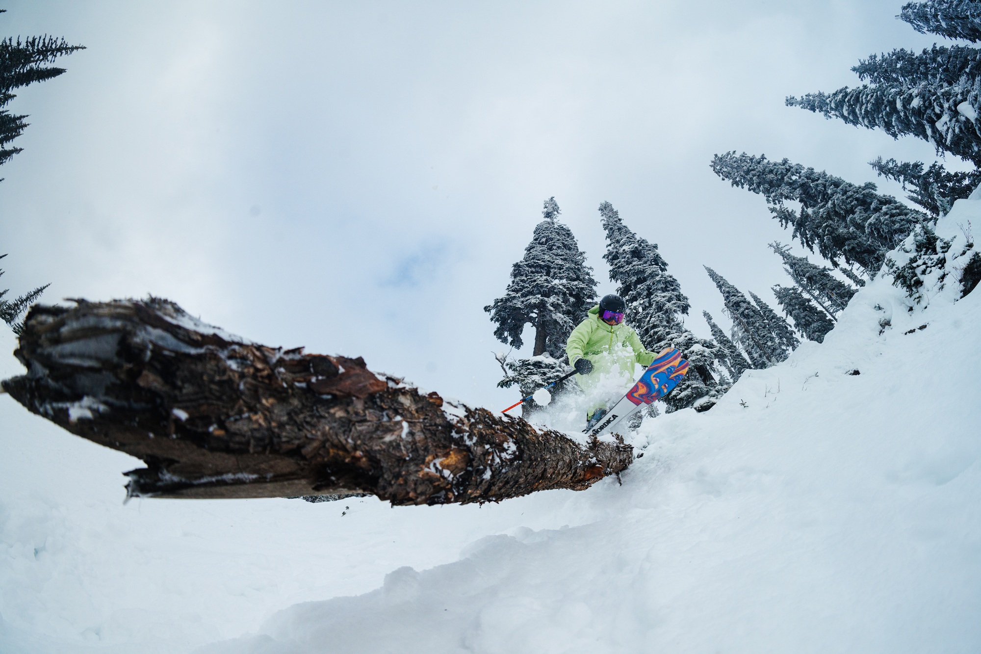 Erin Spong skiing over a log on a snow-covered mountain