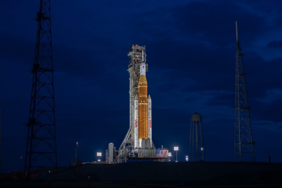 Lights illuminate NASA’s Artemis II SLS (Space Launch System) rocket and Orion spacecraft at Launch Complex 39B at NASA’s Kennedy Space Center