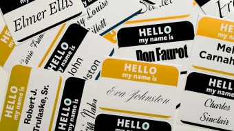 Name tags bearing popular campus names