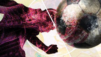illustration of soccer player heading a wrecking ball