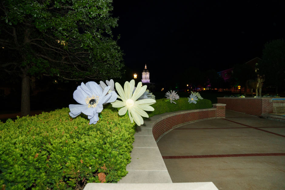 Oversized artificial blooms on campus