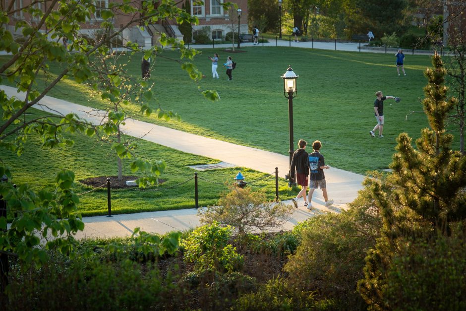 Students walking along a walkway while others stand in the grass in the background