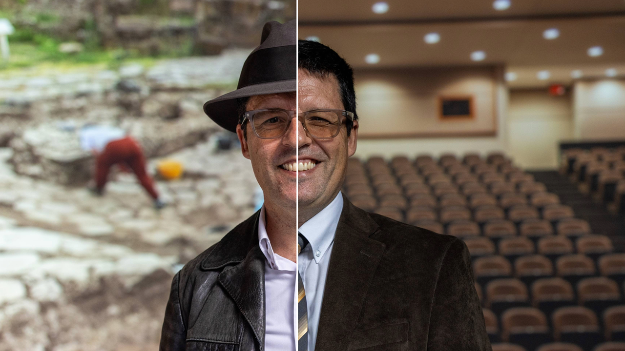 A split image of marcello mogetta, half professor and half explorer of ancient cultures