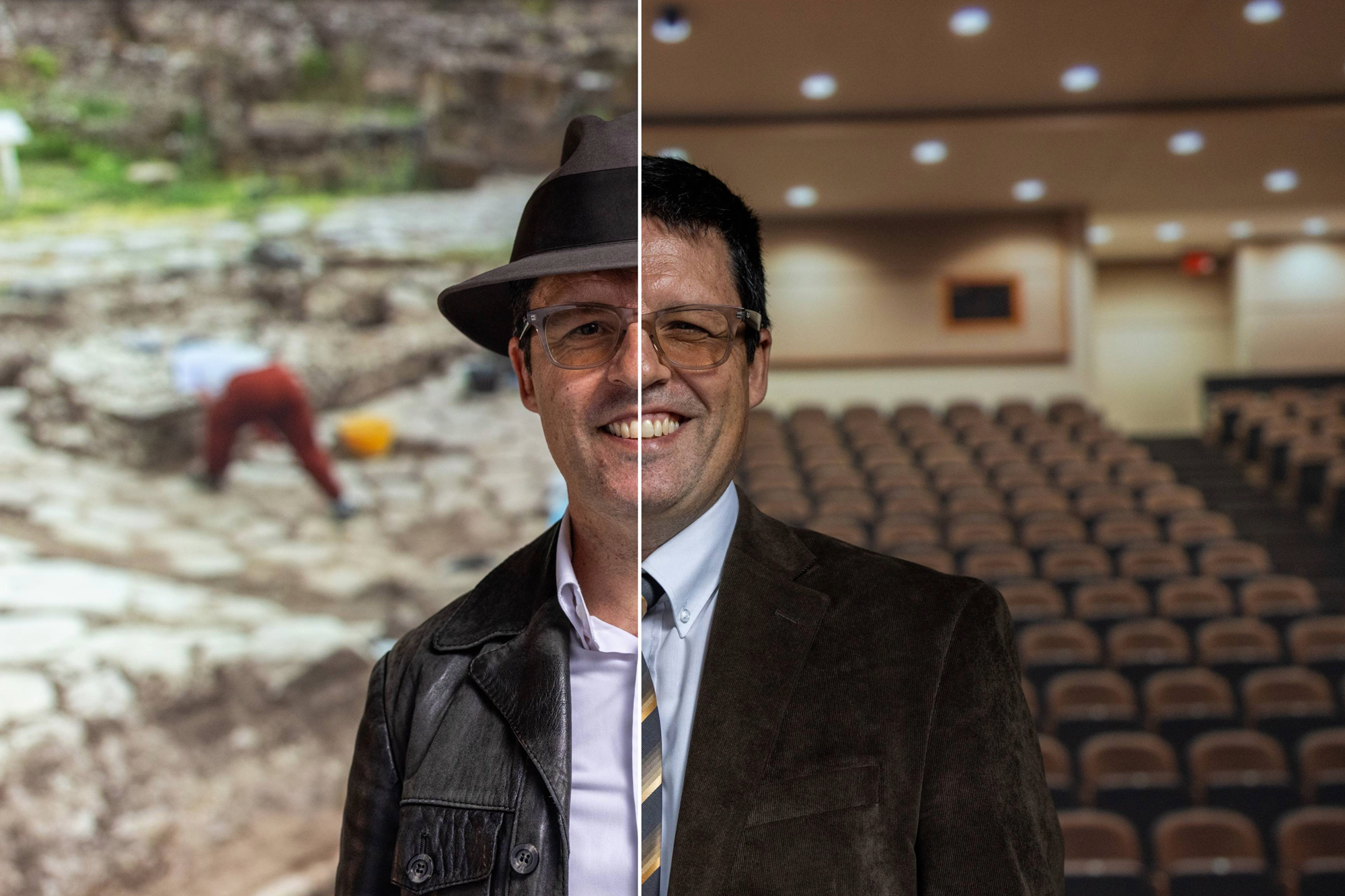 A split image of marcello mogetta, half professor and half explorer of ancient cultures