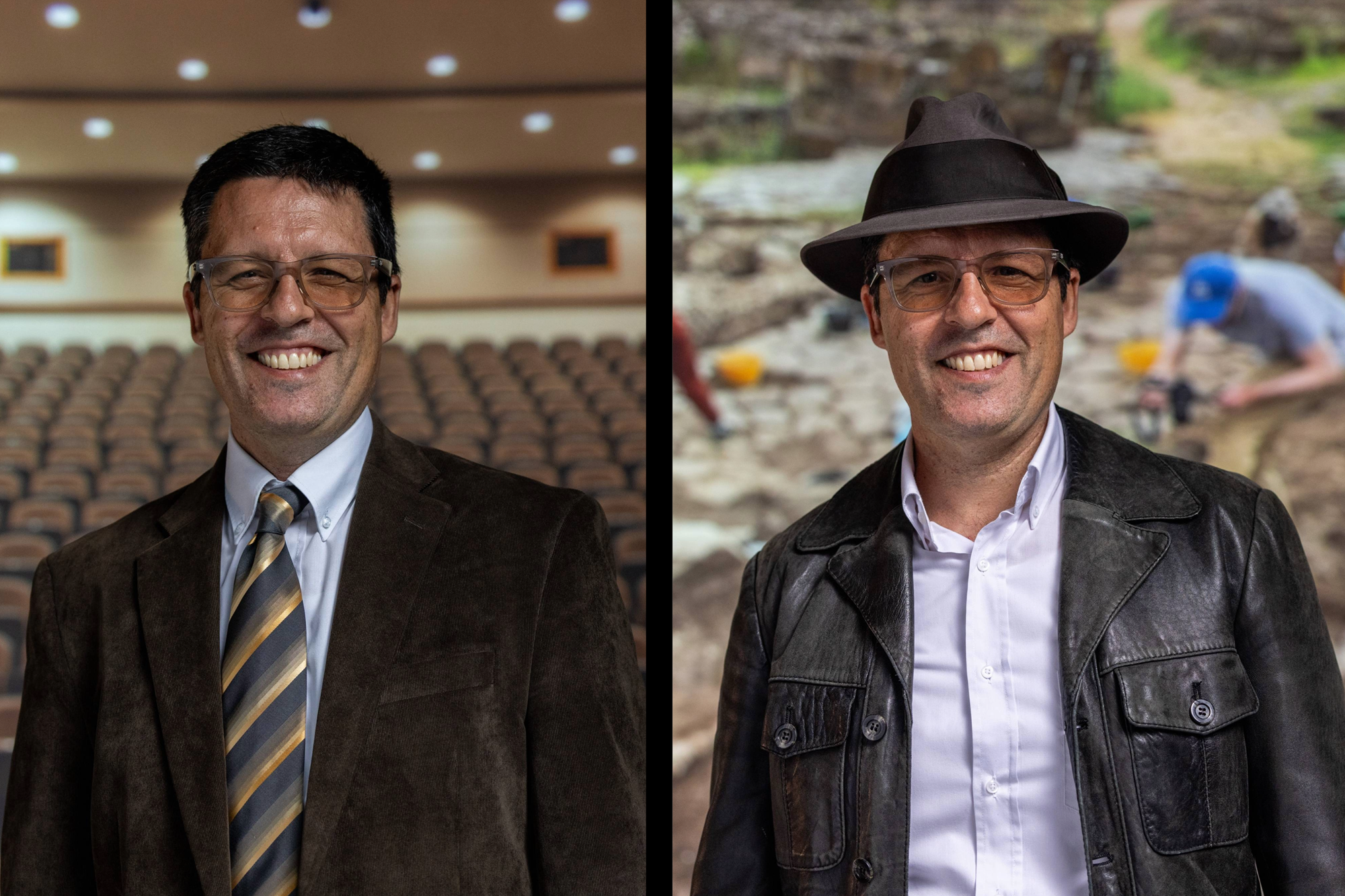 Two images of Marcello Mogetta, one as a professor, the other as an explorer