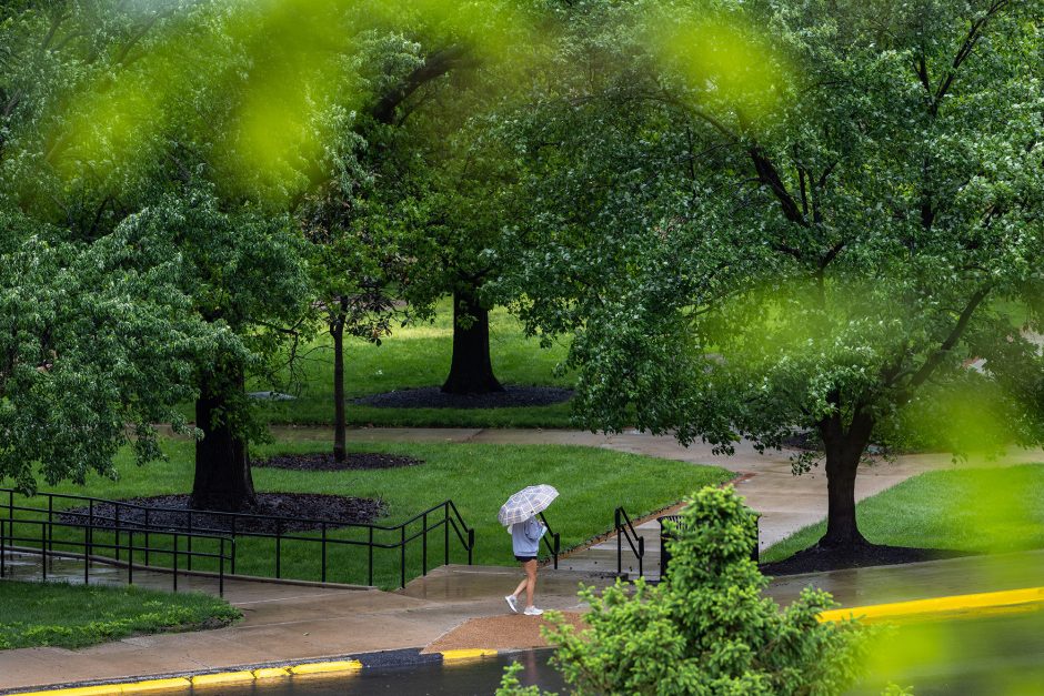 Student with an umbrella walking on a rainy day