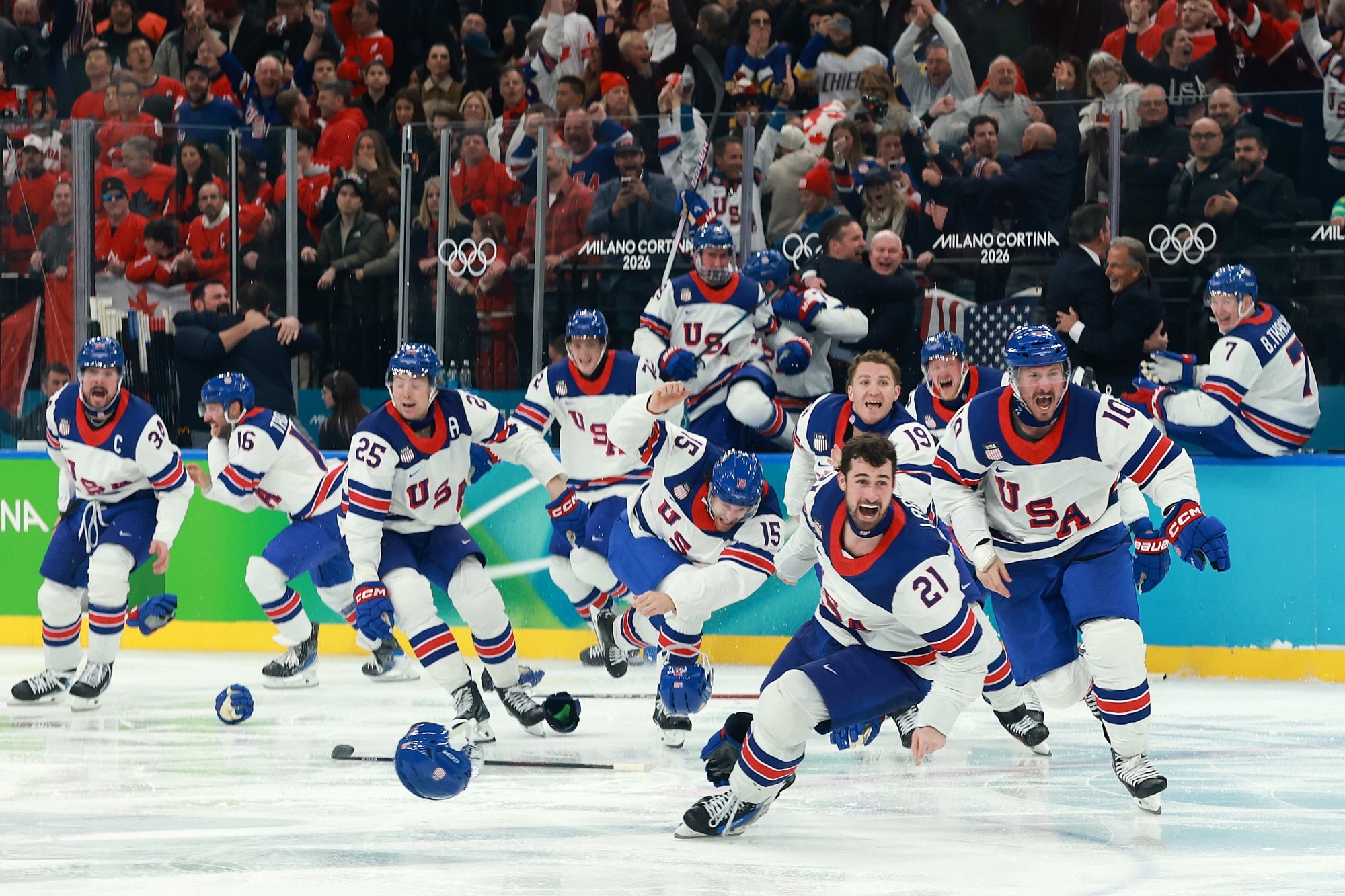Team USA hockey celebrates their gold medal win at the 2024 winter olympics