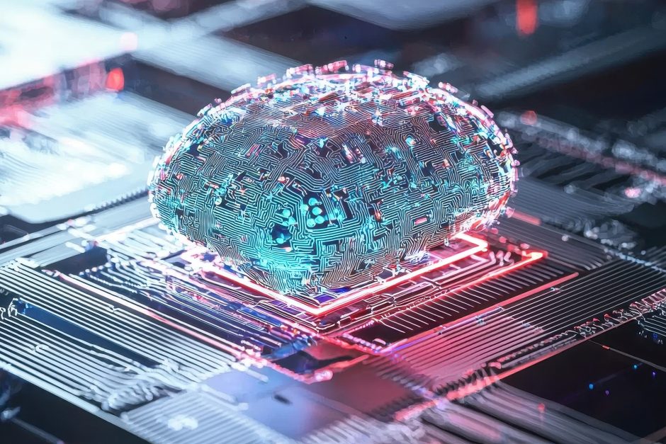 Conceptual AI model training with interconnected nodes and holographic neural pathways, futuristic technology theme