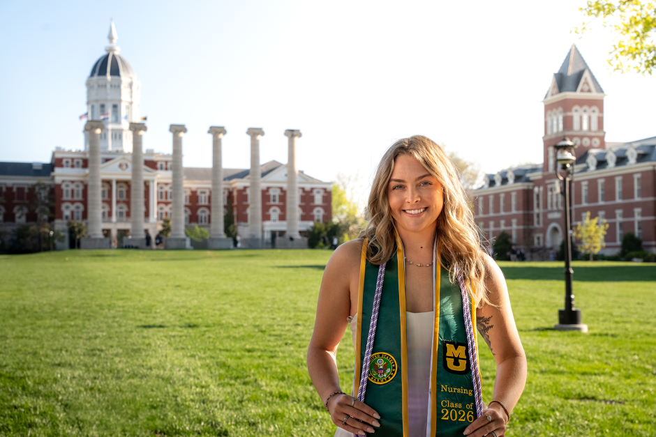 Schuyler Podolski posing on the quad.