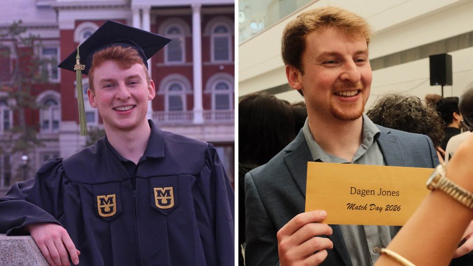 Dagen Jones in commencement robe from 2022 and at Match Day 2026.
