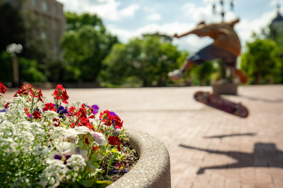 Skateboarder flips in air in front of flowers